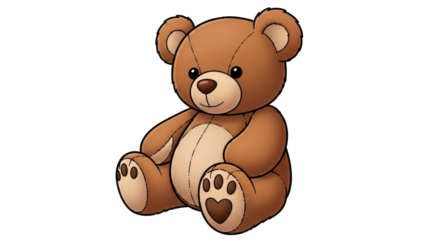 Isolated Brown Teddy Bear Sitting Up, Stuffed Toy with Heart Detail on Foot and Sweet Expression