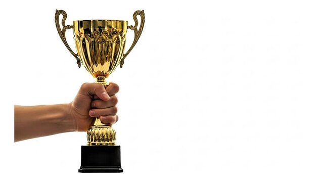 Video of a hand holding a gold trophy against a white background, with empty space on the right for additional information, background