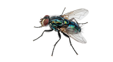 Isolated colorful fly species macro studio shot, detail wings, insect closeup, pest control