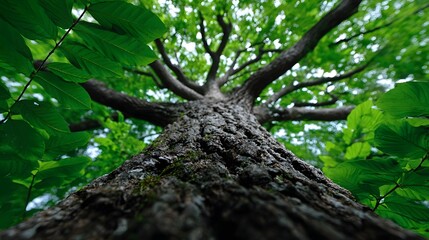 Obraz premium Towering tree with thick, weathered bark and a canopy of vibrant green leaves, thriving in the heart of a serene, verdant forest landscape