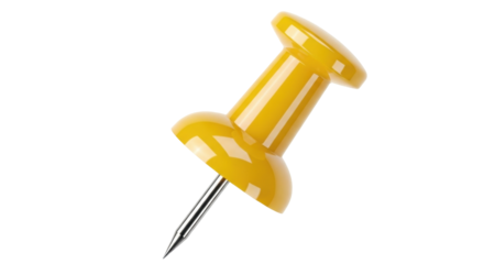 Isolated yellow push pin or thumbtack for office supplies, bulletin board, or notice board