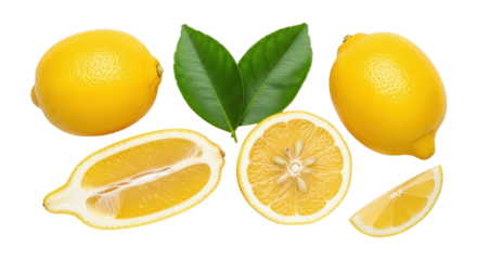 Isolated Citrus fruit assortment of whole, halved, and sliced lemon still life arrangement
