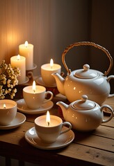 Warm candlelight glow on teacups and ceramic teapots