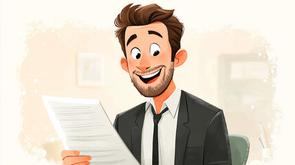 Cartoon man in suit smiles while reading a document sheet.
