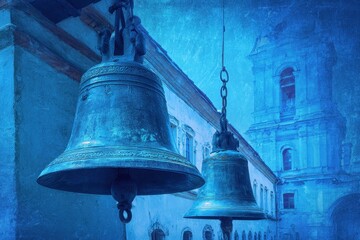 Fototapeta premium Carol Of The Bells. Ancient Christian Cloister with Solemn Bell Tower and Blue Morning Sky