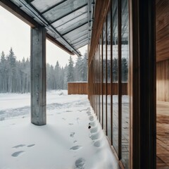 Fototapeta premium Footprint in snow outside modern wooden home with large windows looking at winter forest. Beautiful nature and architecture in cold season.