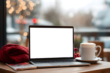 Fototapeta premium Laptop with blank screen by Christmas mug and red blanket