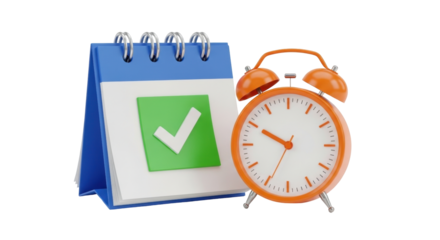Isolated Reminder of a date and time in an orange alarm clock and blue calendar for planning
