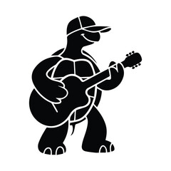 Silhouette of a cartoon turtle playing an acoustic guitar wearing a baseball cap silhouette