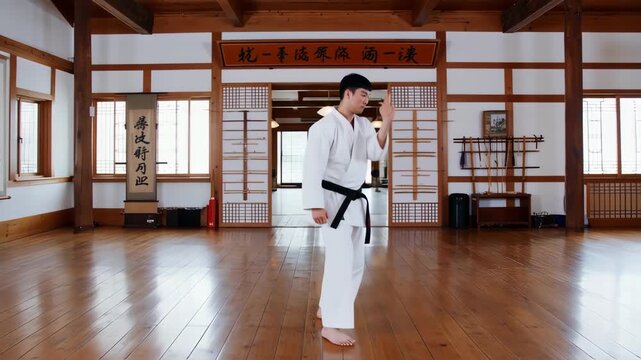Person in martial arts uniform practicing in a traditional dojo