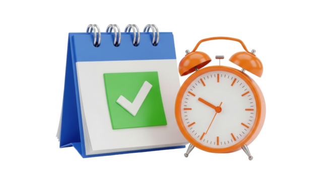 Isolated Reminder of a date and time in an orange alarm clock and blue calendar for planning