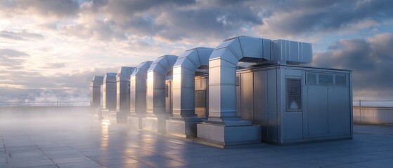 Futuristic Industrial Modules Reflecting Golden Light on Calm Water at Dusk.