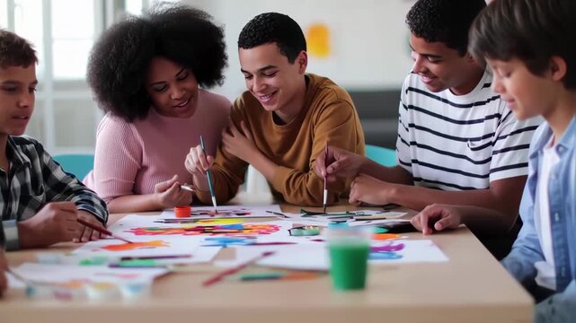 Diverse group of teenagers engaged in collaborative art project