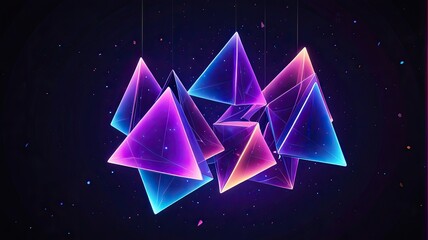 Abstract geometric pyramid shapes glowing neon colors dark background