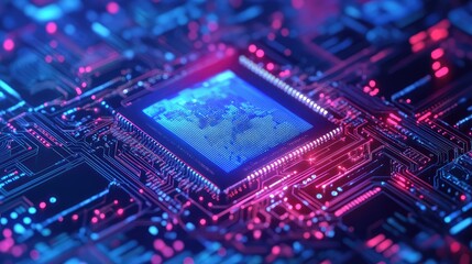 Electronic circuit board with glowing cpu processing data