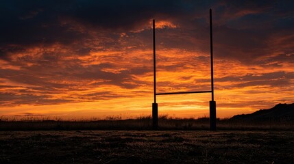 Dramatic Rugby Goalpost Silhouette Against Fiery Sunset Sky, Golden Hour Landscape.