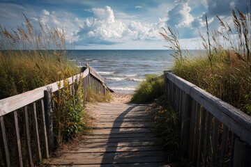 Wooden walkway leading to a tranquil beach.  A pathway of weathered wood planks descends to a sandy shore, framed by tall grasses and a gentle ocean.  Cloudy sky above, hinting at summer