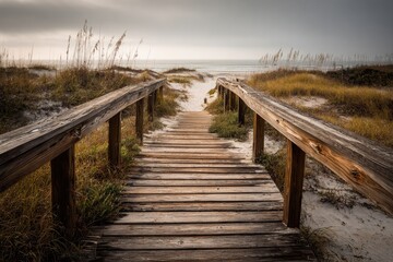 Obraz premium Wooden walkway leading to a sandy beach