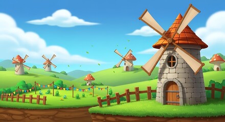 Cartoon landscape with windmills and mushroom houses on green hills