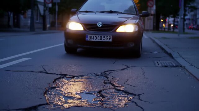 Urban pavement at night with a pothole reflecting city lights