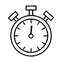 Black and white outline drawing of a stopwatch with a dial and two buttons, timer time, vector illustration.