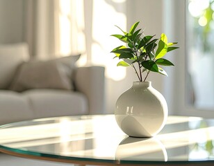 A modern living room featuring a plant in a vase, with sunlight streaming through