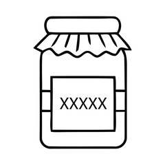 Black and white outline icon of a jar of preserves with a label in a jar, preserves, jam, jelly, food, container, storage, vector illustration.