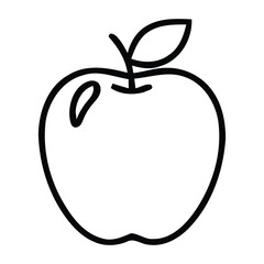 Black and white outline icon of a single apple with a stem and leaf in a apple, fruit, food, healthy, nutrition, organic, vector illustration.