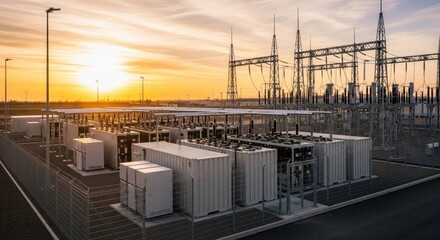 Energy storage batteries at power substation during sunset