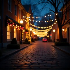 Obraz premium A beautifully lit cobblestone street at dusk, adorned with festive string lights, creates a warm and inviting atmosphere, hinting at a charming evening scene.