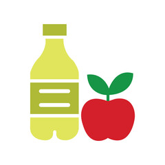 Yellow apple juice bottle rests near a red apple against a white background