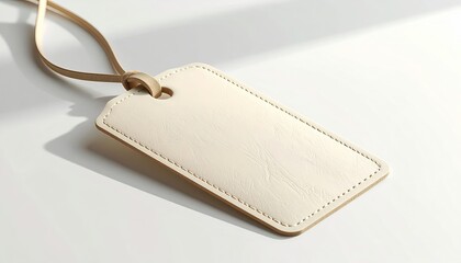 Cream-colored rectangular tag with a loop on a white surface, soft lighting