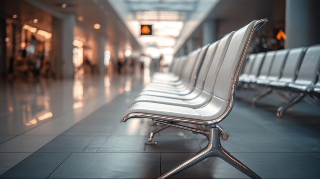 Chair Sign For Social Distancing. Desolate Airport Waiting Area with Empty Seats for COVID Prevention