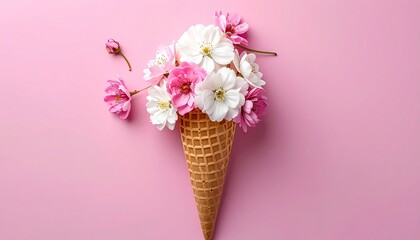 Pink & white flowers arranged like ice cream in a waffle cone