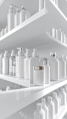 Rows of white, minimalist skincare bottles displayed on bright, modern shelving