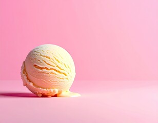 A single scoop of melting ice cream against a bright pink background