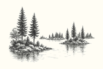 Fototapeta premium Vintage style engraving of a calm lake with pine trees, peaceful landscape illustration for design or print.