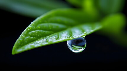 Close-up of a single water droplet resting on the surface of a lush, green leaf against a dark background, showcasing the natural beauty and delicate texture of the plant