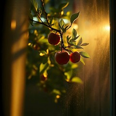 Extreme macro volumetric lighting close up of apple tree through the hole in the room