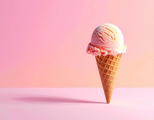 A scoop of pink ice cream sits atop a cone against a pastel pink backdrop