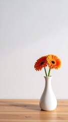 Two orange gerbera daisies in a white vase on a wood table against a white wall