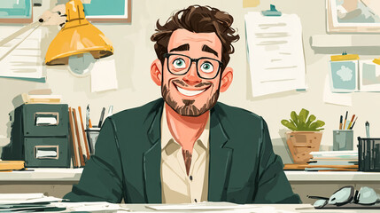 Cartoon man smiling at desk with lamp and office supplies.