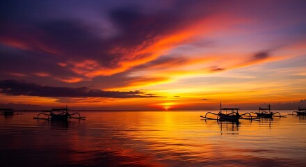 Vibrant Sunset Over Tropical Ocean With Traditional Boats.