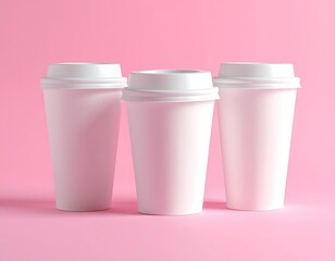 Three white paper cups with lids stand in a row against a vibrant pink backdrop
