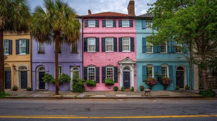 Fototapeta premium Charleston Houses. Elegant Pastel Row Houses Showcase Historic Architecture in European City Street