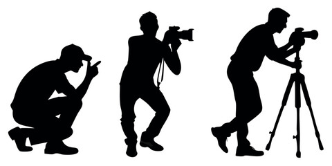 Vector Silhouette Set of Photographers Crouching with Camera Tripod and Overhead Shot