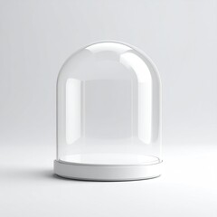 A transparent glass dome, empty on a white base, sits against a plain backdrop