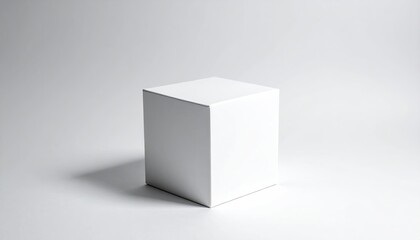 A single, white cube stands on a light gray surface with soft shadows
