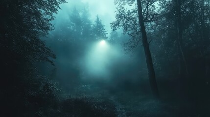 Fototapeta premium Dark forest with mysterious light beam penetrating fog