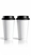 Two identical white paper coffee cups with black lids, slightly angled